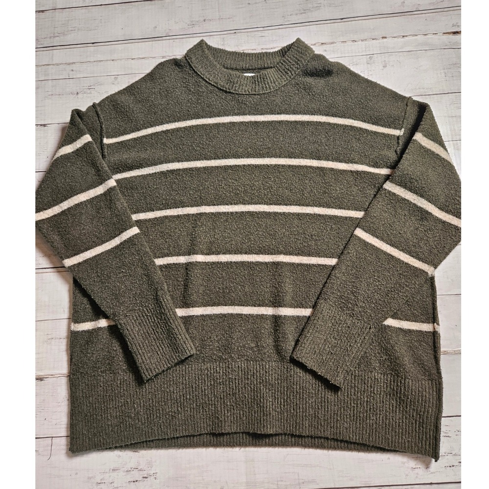 Aerie Women XS Olive Green Striped Oversized Crewneck Sweater Boucle Knit - Picture 2 of 8